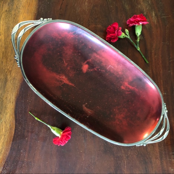 Vintage Other - Vtg Red Tray MCM Silver Plate